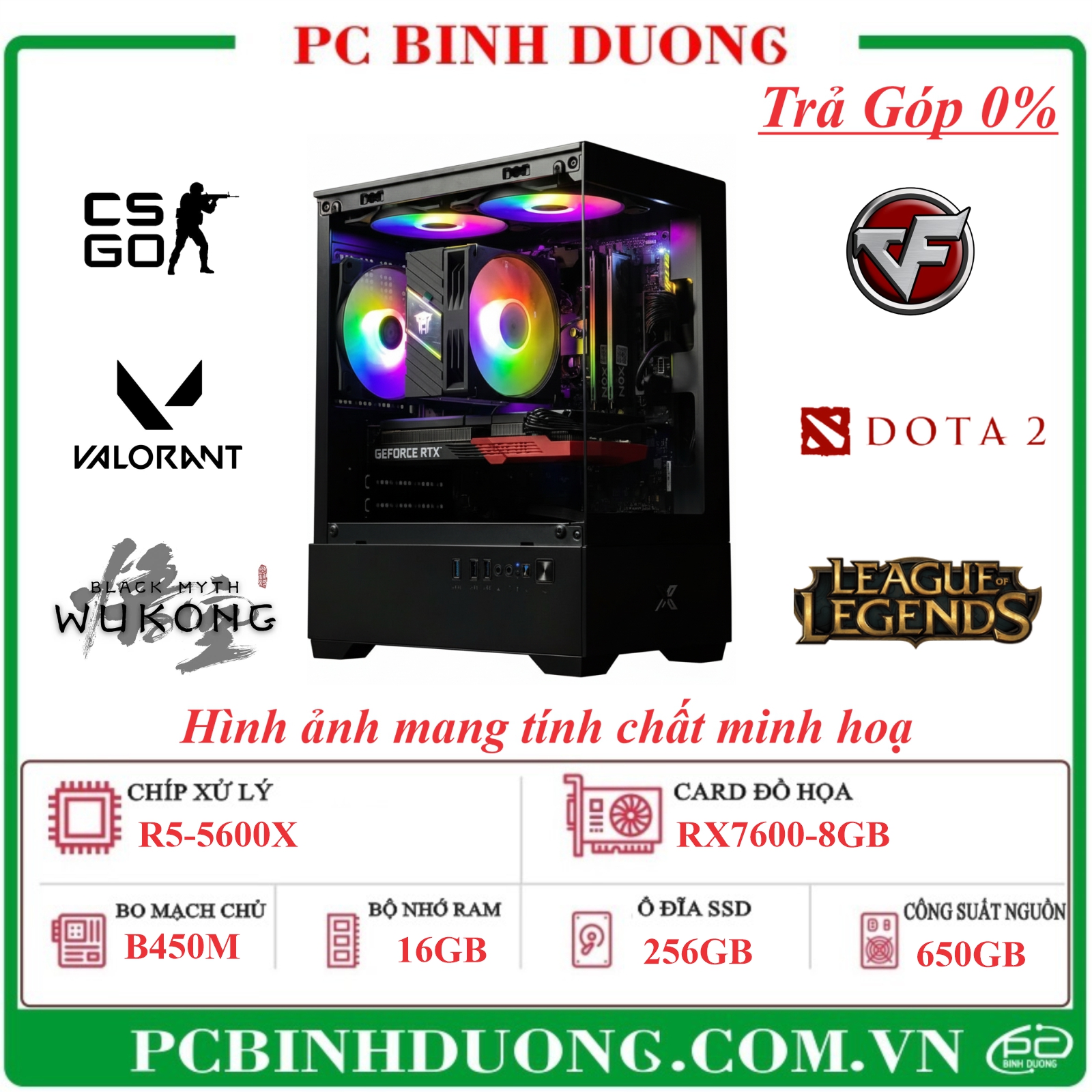 PC Gaming C.C. B450M/R5-5600X/16GB/256GB/RX7600-8GB/650W